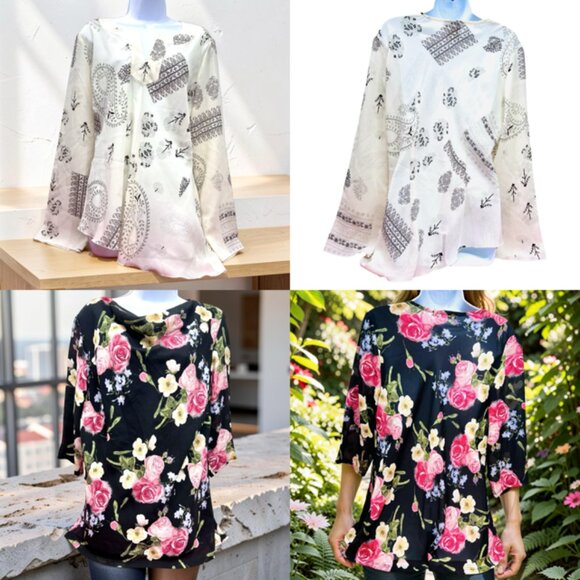 Fred David Tops - Fred David & Only Nine Blouse  XL V-Neck  pink Ivery  Flora Long Sleeve(#54